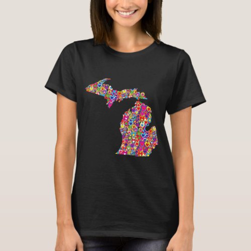 Bright Colorful Cool Heart_Filled Map of Michigan T_Shirt