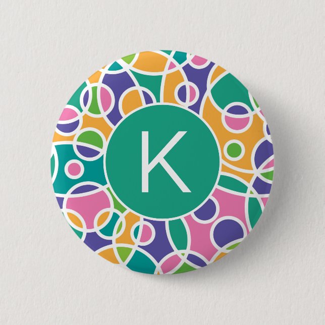 Bright Colorful Crazy Circles Pattern Monogram Button (Front)