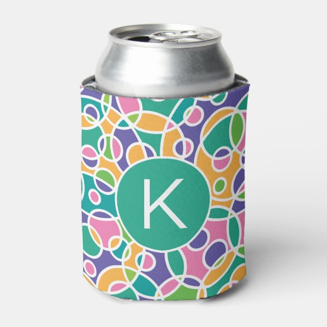 Bright Colorful Crazy Circles Pattern Monogram Can Cooler (Can Front)