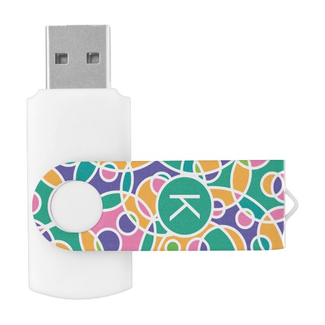 Bright Colorful Crazy Circles Pattern Monogram Flash Drive (Opened)