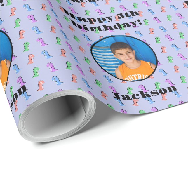 Bright Colorful Custom Photo Text Dinosaur Pattern Wrapping Paper (Roll Corner)