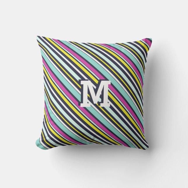Bright Colorful Diagonal Stripes Pattern Monogram Throw Pillow (Front)