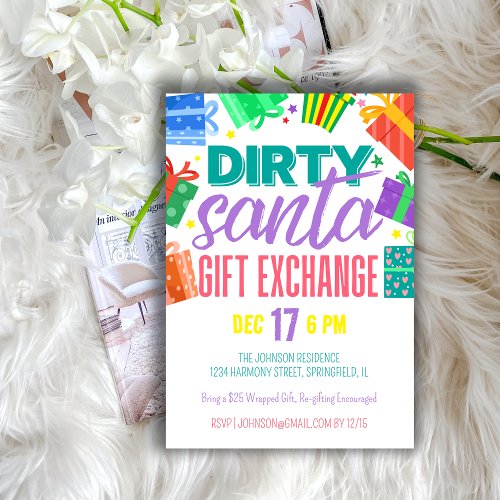 Bright Colorful Dirty Santa Gift Exchange Party Invitation