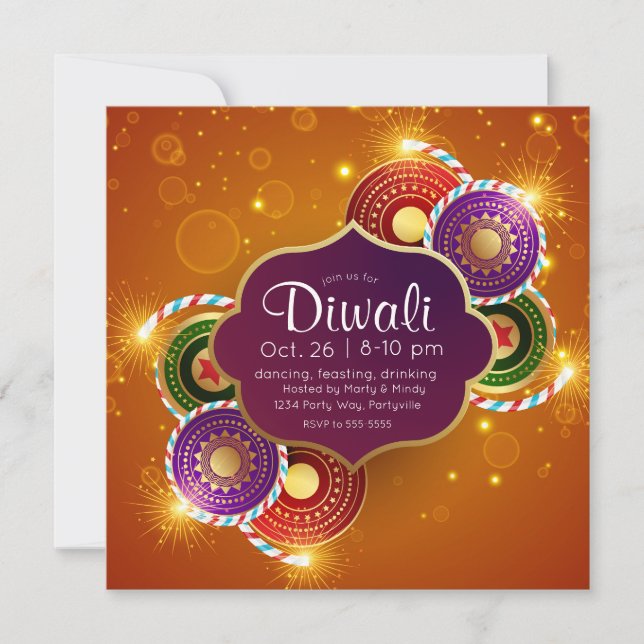 Bright Colorful Diwali Fireworks Invitation (Front)