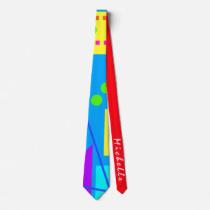 BRIGHT COLORFUL EIGHTIES SHAPE PATTERN 80S & NAME NECK TIE