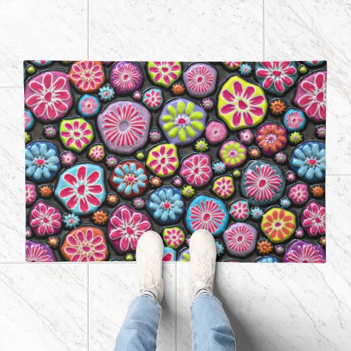 Bright Colorful Embossed Looking Flower Pebbles Doormat