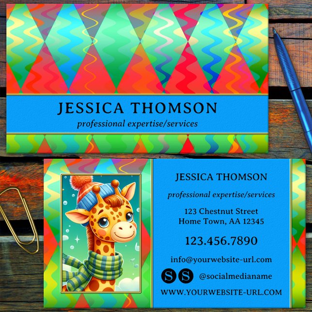 Bright Colorful Eye Catching Business Card (Colorful artistic business card showing an abstract geometrical design, your photo and social media)