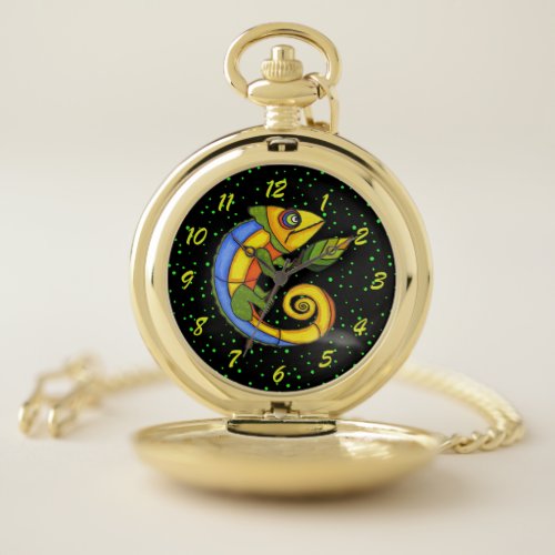 Bright Colorful Fantasy Lizard Holding Leaf Dots Pocket Watch