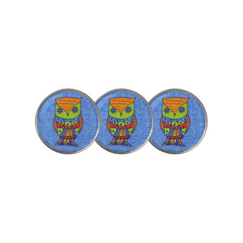 Bright colorful Fantasy Owl Orange Head Star eyes Golf Ball Marker