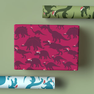 Bright Colorful Festive Dinosaurs In Santa Hats Wrapping Paper Sheets