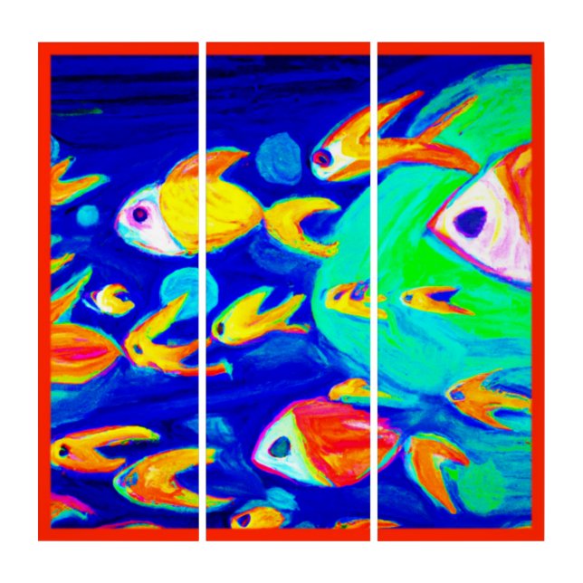 Bright Colorful Fish Patterns Painting. Buy Now Triptych (Front)