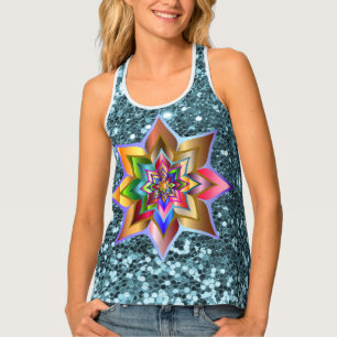 Bright Colorful Floral Aqua Faux Glitter Tank Top