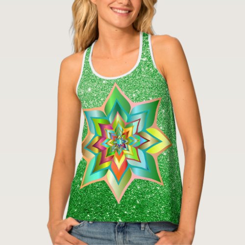 Bright Colorful Floral Green Faux Glitter Tank Top