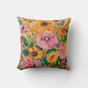Bright colorful floral oil painting  throw pillow