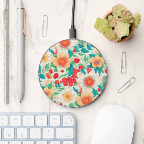 Bright colorful Floral pattern vintage boho red Wireless Charger
