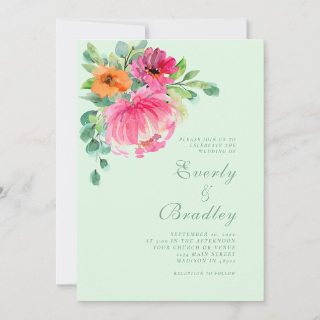  Bright Colorful Floral Pink Spring Summer Wedding Invitation (Front)