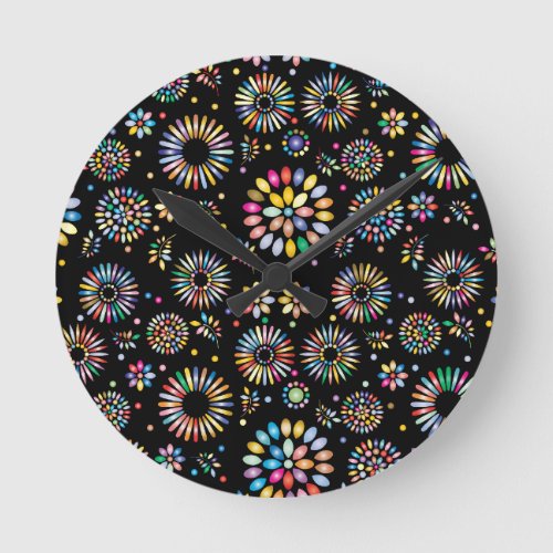 Bright Colorful Flower Circles on Black Round Clock