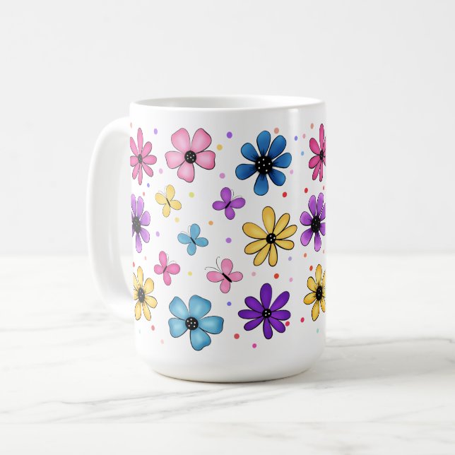 Bright Colorful Flowers and Butterflies Coffee Mug (Front Left)