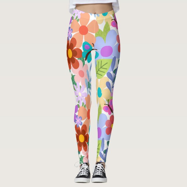 Bright Colorful Flowers Butterflies Leggings (Front)