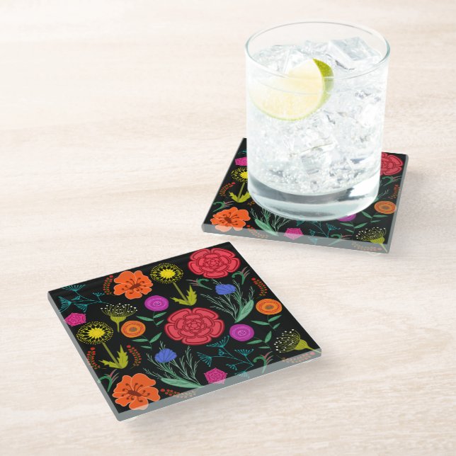 Bright Colorful Flowers  Glass Coaster (Angled)