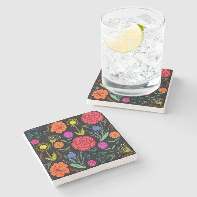 Bright Colorful Flowers Marble Stone Coaster (Side)