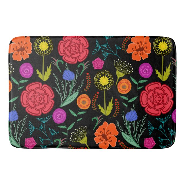 Bright Colorful Flowers on Black Bath Mat (Front)