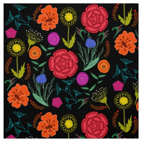 Bright Colorful Flowers on Black Fabric
