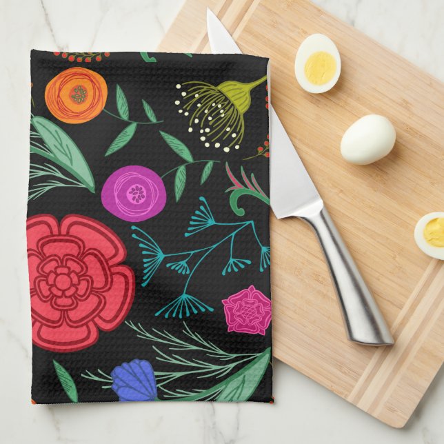 Bright Colorful Flowers on Black Kitchen Towel (Quarter Fold)