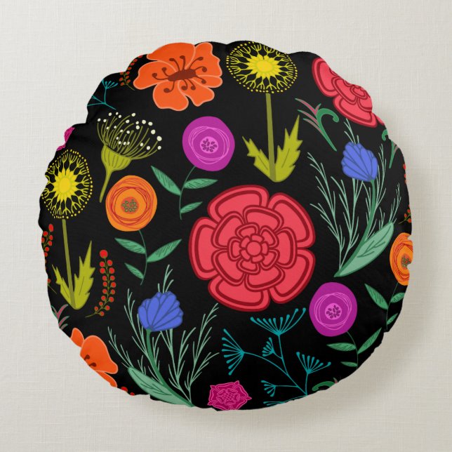 Bright Colorful Flowers on Black Round Pillow (Front)