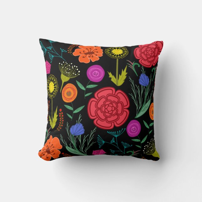 Bright Colorful Flowers on Black Throw Pillow (Front)