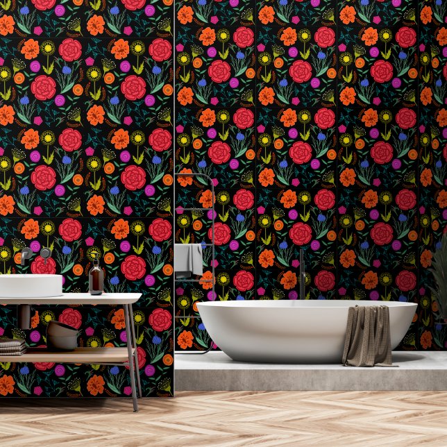 Bright Colorful Flowers on Black Wallpaper (Bathroom)