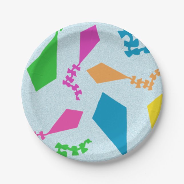 Bright Colorful Flying Kites in the Sky Paper Plates (Front)