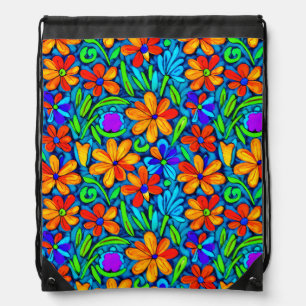 Bright Colorful Folk Art Flowers Drawstring Bag