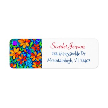 Bright Colorful Folk Art Flowers  Label by Magical_Maddness at Zazzle