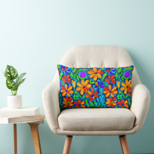 Bright Colorful Folk Art Flowers Lumbar Pillow