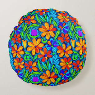Bright Colorful Folk Art Flowers Round Pillow