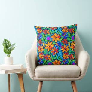 Bright Colorful Folk Art Flowers Throw Pillow