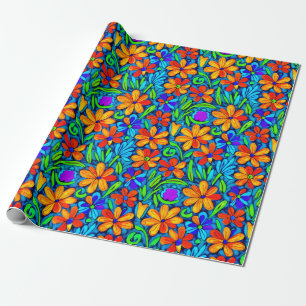 Bright Colorful Folk Art Flowers Wrapping Paper