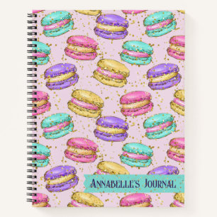 Bright Colorful French Macarons Faux Glitter Name Notebook