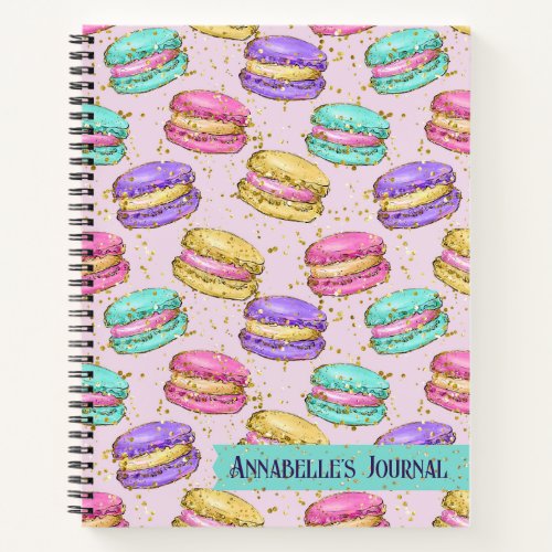 Bright Colorful French Macarons Faux Glitter Name Notebook