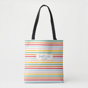 bright colorful fun rainbow stripe school college tote bag