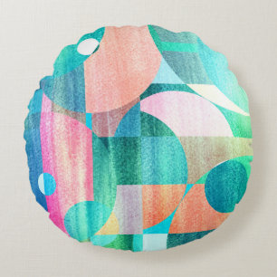 Bright, Colorful Geometric Abstract Round Pillow