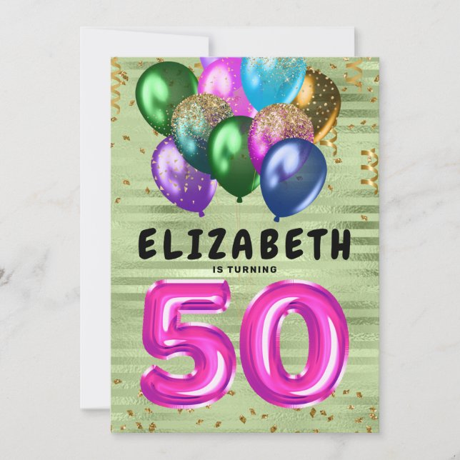 Bright Colorful Glitter Balloons 50th Birthday Invitation (Front)