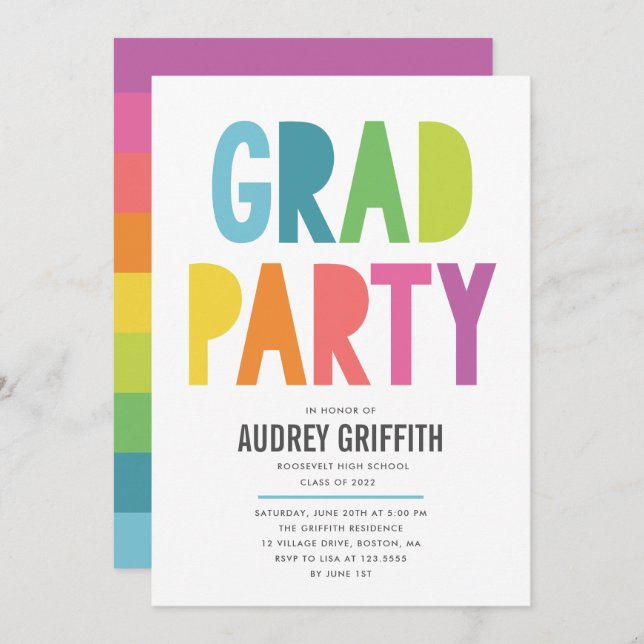 Bright Colorful Grad Party Invitation (Front/Back)