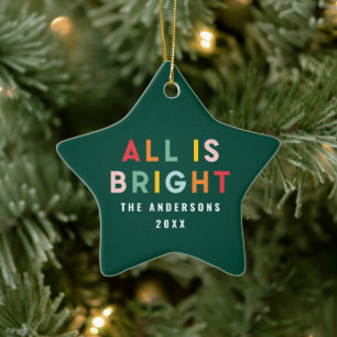 Bright colorful green fun modern Christmas family Ceramic Ornament