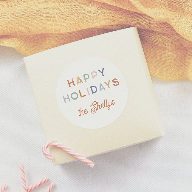 Bright & Colorful Happy Holidays Script Name Classic Round Sticker (Creator Uploaded)