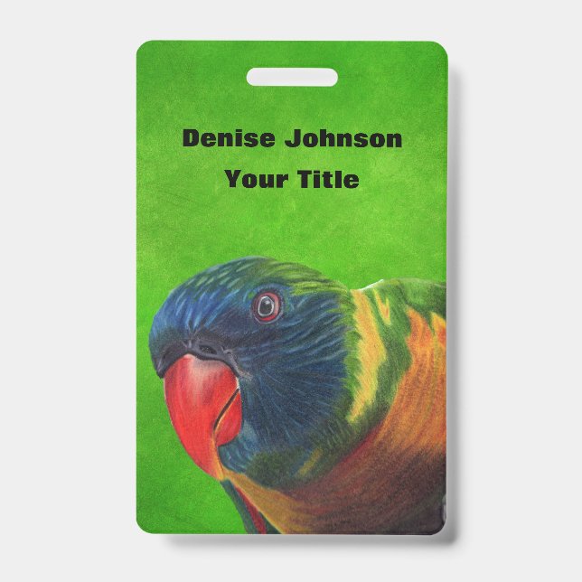 Bright Colorful Head of Macaw Parrot on Green Badge (Front)