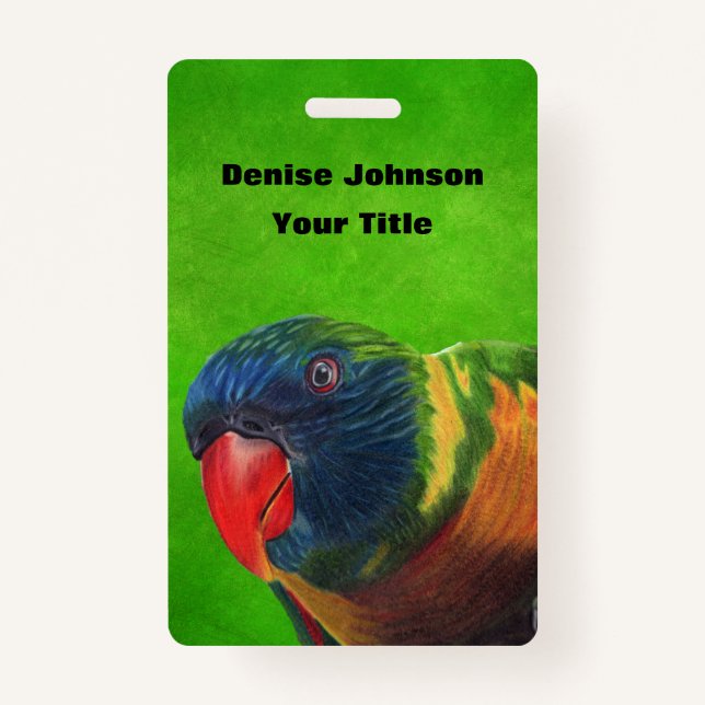 Bright Colorful Head of Macaw Parrot on Green Badge (Front)