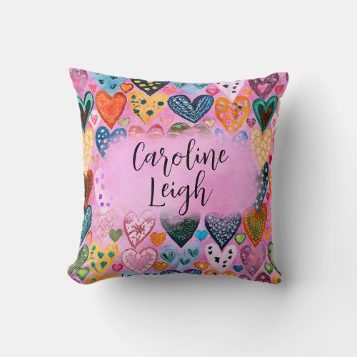 Bright Colorful Hearts Personalized Nursery  Throw Pillow