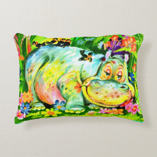bright colorful hippopotamus and birds accent pillow